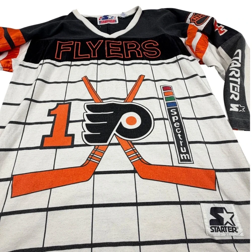 90s Starter Philadelphia Flyers Cotton Jersey Mens L White NHL Grid Long Sleeve